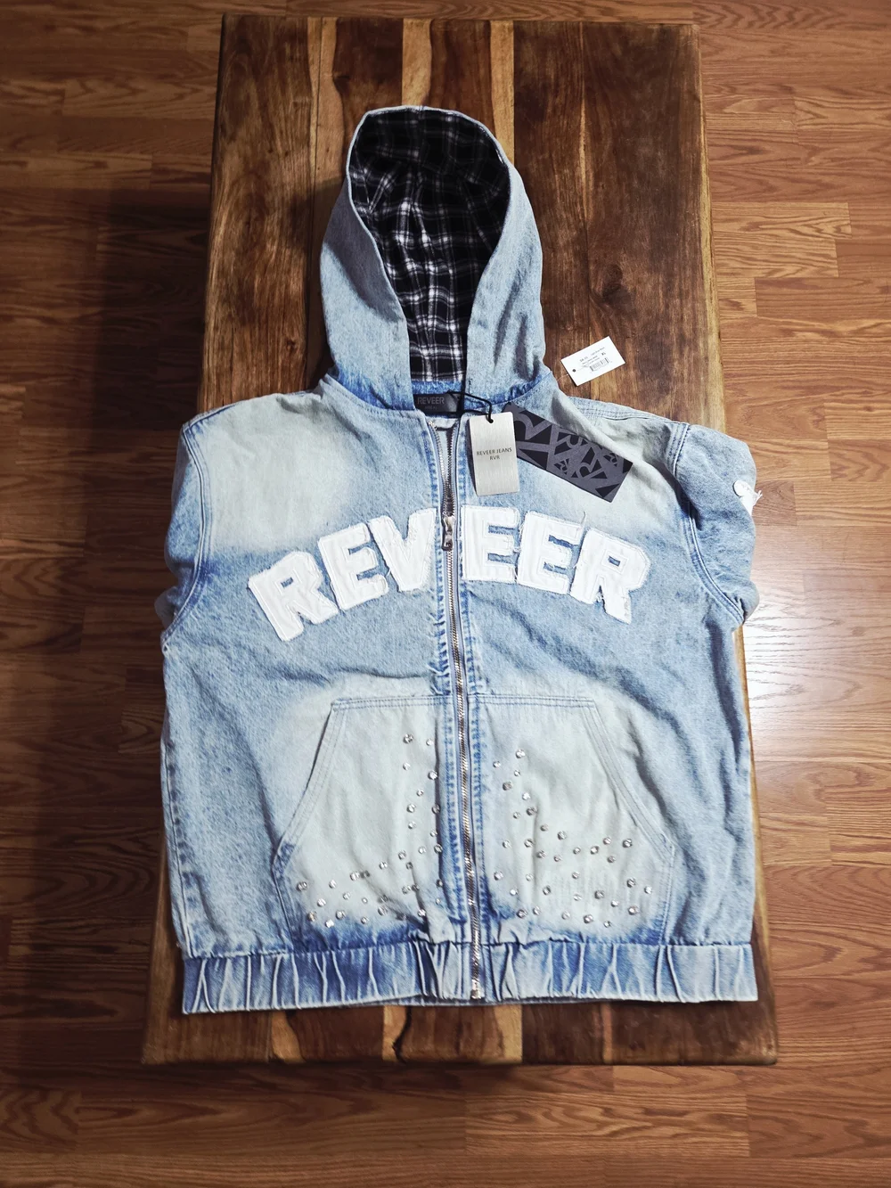 Reever Jeans Men's Denim Jacket W/ Light Blue Wash And Full Patchwork. Size XL.